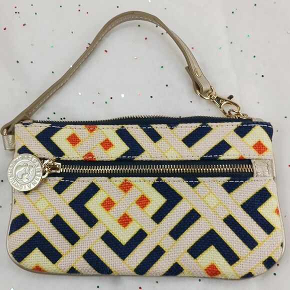 Spartina 449 Daufuskie Wristlet Wallet Linen Leather Navy Beige Geometric - Picture 1 of 12